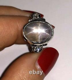 Antique Platinum Ladies Ring Natural Bluish Gray Star Sapphire 2 Diamond Size 6