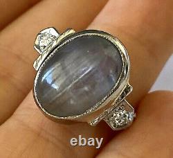 Antique Platinum Ladies Ring Natural Bluish Gray Star Sapphire 2 Diamond Size 6