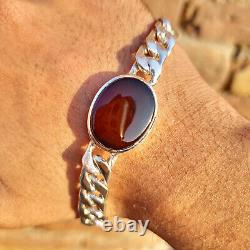 Blood Red Aqeeq Bracelet For Men Yemeni Aqeeq 925 Silver Natural Agate Bracelet