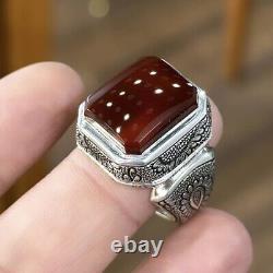 Blood Red Aqeeq Ring Sterling Silver Natural Mens Agate Ring Big Yemeni Aqeeq