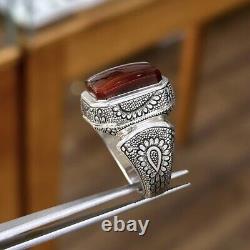 Blood Red Aqeeq Ring Sterling Silver Natural Mens Agate Ring Big Yemeni Aqeeq