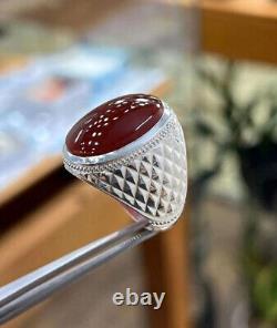 Blood Red Aqeeq Ring Sterling Silver Natural Mens Agate Ring Big Yemeni Aqeeq