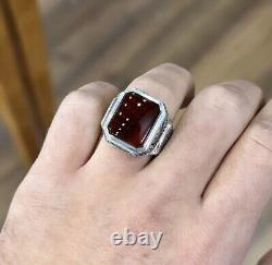 Blood Red Aqeeq Ring Sterling Silver Natural Mens Agate Ring Big Yemeni Aqeeq