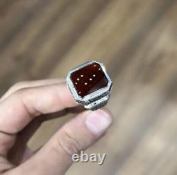 Blood Red Aqeeq Ring Sterling Silver Natural Mens Agate Ring Big Yemeni Aqeeq