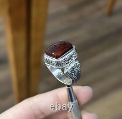 Blood Red Aqeeq Ring Sterling Silver Natural Mens Agate Ring Big Yemeni Aqeeq