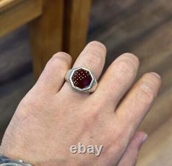 Blood Red Aqeeq Ring Sterling Silver Natural Mens Agate Ring Real Yemeni Aqeeq