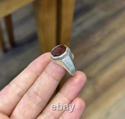 Blood Red Aqeeq Ring Sterling Silver Natural Mens Agate Ring Real Yemeni Aqeeq