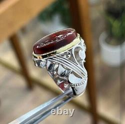 Blood Red Aqeeq Ring Sterling Silver Natural Mens Agate Ring Yemeni Aqeeq