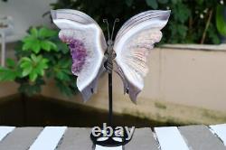 Carved Geode Gray agate Butterfly Wing Natural Reiki Crystal Decor + Stand JKM6