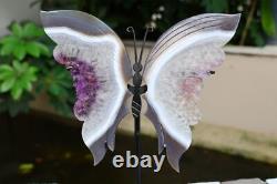 Carved Geode Gray agate Butterfly Wing Natural Reiki Crystal Decor + Stand JKM6