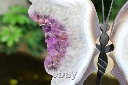 Carved Geode Gray agate Butterfly Wing Natural Reiki Crystal Decor + Stand JKM6