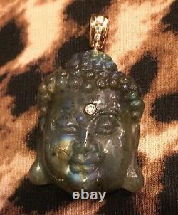 Carved Labradorite Buddha Pendant with 14k Yellow Gold & Diamond Bail