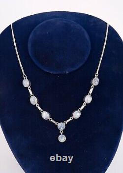 Colorful 8 Moonstone Gemstones Set In Sterling Silver Necklace 20 Length