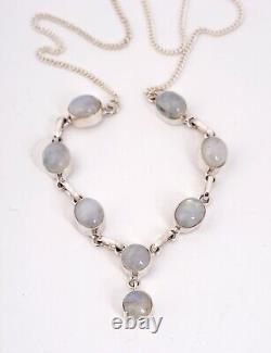 Colorful 8 Moonstone Gemstones Set In Sterling Silver Necklace 20 Length