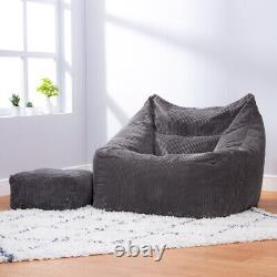 Cord Armchair Bean Bag Chair and Footstool, Natural Stone, Large, 100 cm x 75 cm