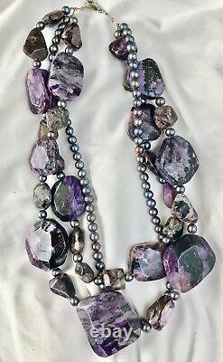 Designer Charoite Black Gray Pearl 3 Strand Beaded Necklace 18
