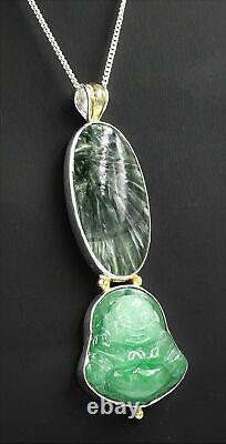 Epidote & Jadeite Buddha 925 Sterling Silver Pendant