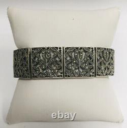 Estate Beautiful Ornate Sterling Silver Marcasite Floral Panel Bracelet 6.5