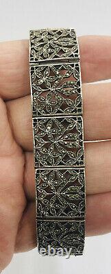 Estate Beautiful Ornate Sterling Silver Marcasite Floral Panel Bracelet 6.5