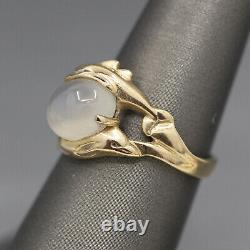Glowing Moonstone and Playful Dolphin Ring in 14k Yellow Gold