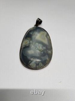 Grey Color Natural Agate Gemstone Pendant 2.25 Inch Vintage Silver Big 19.69 G