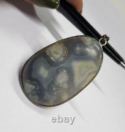 Grey Color Natural Agate Gemstone Pendant 2.25 Inch Vintage Silver Big 19.69 G