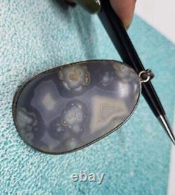 Grey Color Natural Agate Gemstone Pendant 2.25 Inch Vintage Silver Big 19.69 G