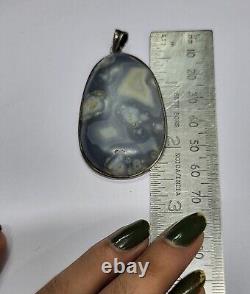 Grey Color Natural Agate Gemstone Pendant 2.25 Inch Vintage Silver Big 19.69 G