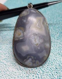 Grey Color Natural Agate Gemstone Pendant 2.25 Inch Vintage Silver Big 19.69 G