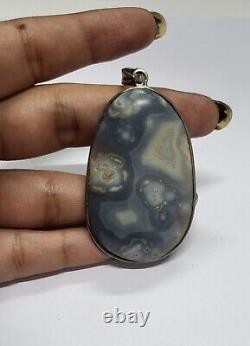 Grey Color Natural Agate Gemstone Pendant 2.25 Inch Vintage Silver Big 19.69 G