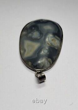 Grey Color Natural Agate Gemstone Pendant 2.25 Inch Vintage Silver Big 19.69 G