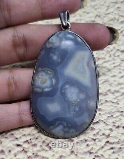 Grey Color Natural Agate Gemstone Pendant 2.25 Inch Vintage Silver Big 19.69 G