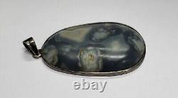 Grey Color Natural Agate Gemstone Pendant 2.25 Inch Vintage Silver Big 19.69 G