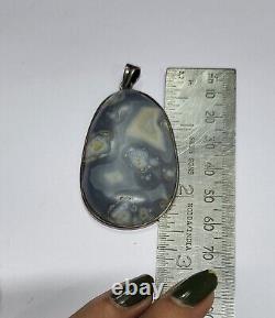 Grey Color Natural Agate Gemstone Pendant 2.25 Inch Vintage Silver Big 19.69 G