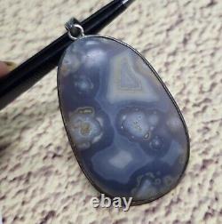 Grey Color Natural Agate Gemstone Pendant 2.25 Inch Vintage Silver Big 19.69 G