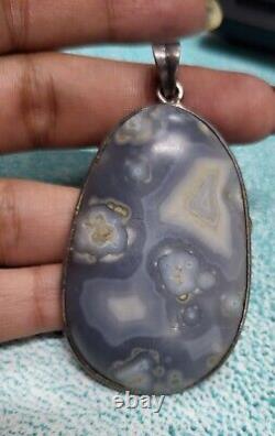 Grey Color Natural Agate Gemstone Pendant 2.25 Inch Vintage Silver Big 19.69 G