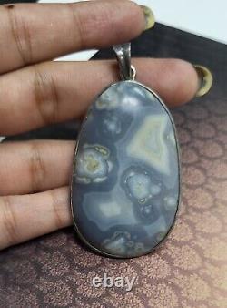 Grey Color Natural Agate Gemstone Pendant 2.25 Inch Vintage Silver Big 19.69 G