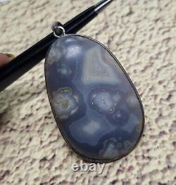 Grey Color Natural Agate Gemstone Pendant 2.25 Inch Vintage Silver Big 19.69 G