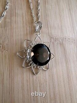 Handmade Large ¾ Wide Smoky Quartz Stone Sterling Silver Pendant Necklace