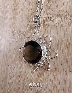 Handmade Large ¾ Wide Smoky Quartz Stone Sterling Silver Pendant Necklace