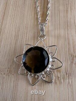 Handmade Large ¾ Wide Smoky Quartz Stone Sterling Silver Pendant Necklace