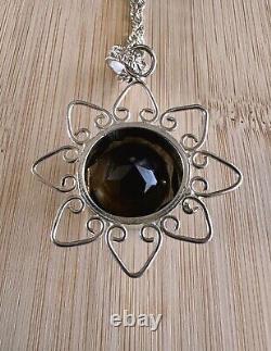 Handmade Large ¾ Wide Smoky Quartz Stone Sterling Silver Pendant Necklace