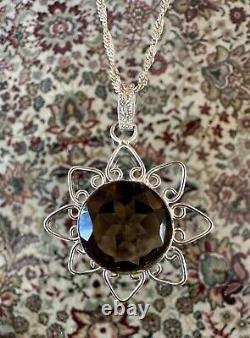 Handmade Large ¾ Wide Smoky Quartz Stone Sterling Silver Pendant Necklace