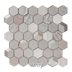 Hexagon Gray White Oak Marble Stone Gray Metallic Glass Mosaic Tile Backsplash