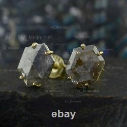 Hexagon Shape Salt Pepper Diamond Stud Earrings Solid 14K Yellow Gold Jewelry