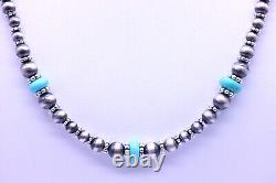 Kingman Arizona Turquoise Graduated Navajo Pearls Sterling Silver Necklace