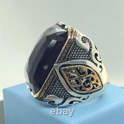 Large 925 Sterling Silver Men's Ring with Amethyst Stone Natural Stone Silver