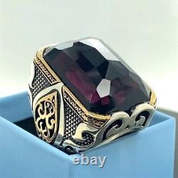 Large 925 Sterling Silver Men's Ring with Amethyst Stone Natural Stone Silver