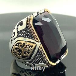 Large 925 Sterling Silver Men's Ring with Amethyst Stone Natural Stone Silver