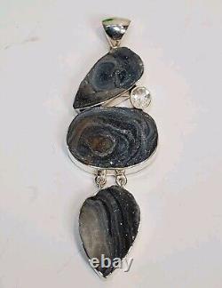 Large Gray Druzy Pear/Oval Drop Pendant And Chain 925 Sterling Silver Jewelry